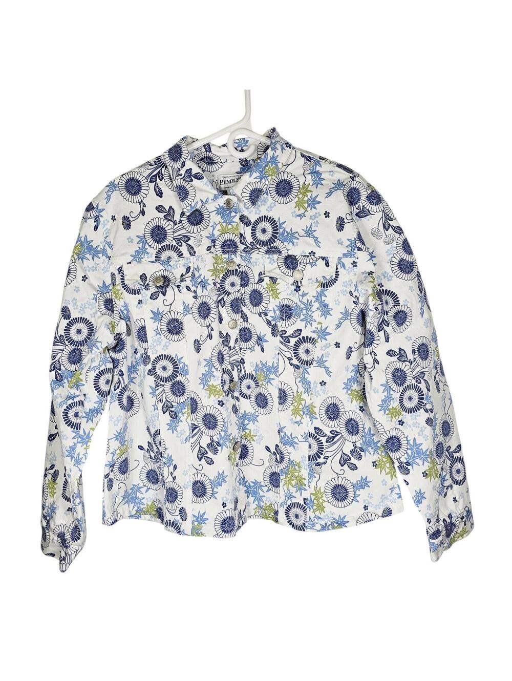 Pendleton Women's XL Floral Denim Jacket Blue White Chrysanthemum Trucker - Picture 2 of 11